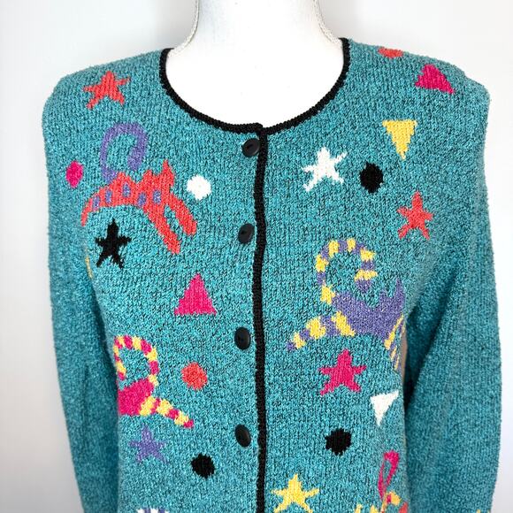 Vintage South Cotton Light 80s Cat Button Front Cardigan In Teal Size Small New - Picture 2 of 11